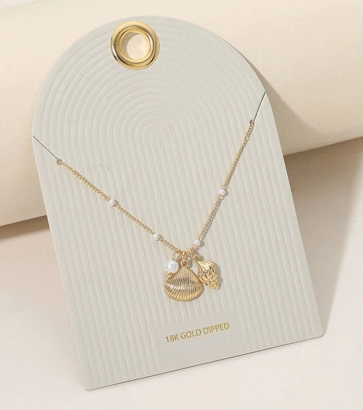18K Gold Dipped Seashell Charm Pearl Beaded Chain Necklace