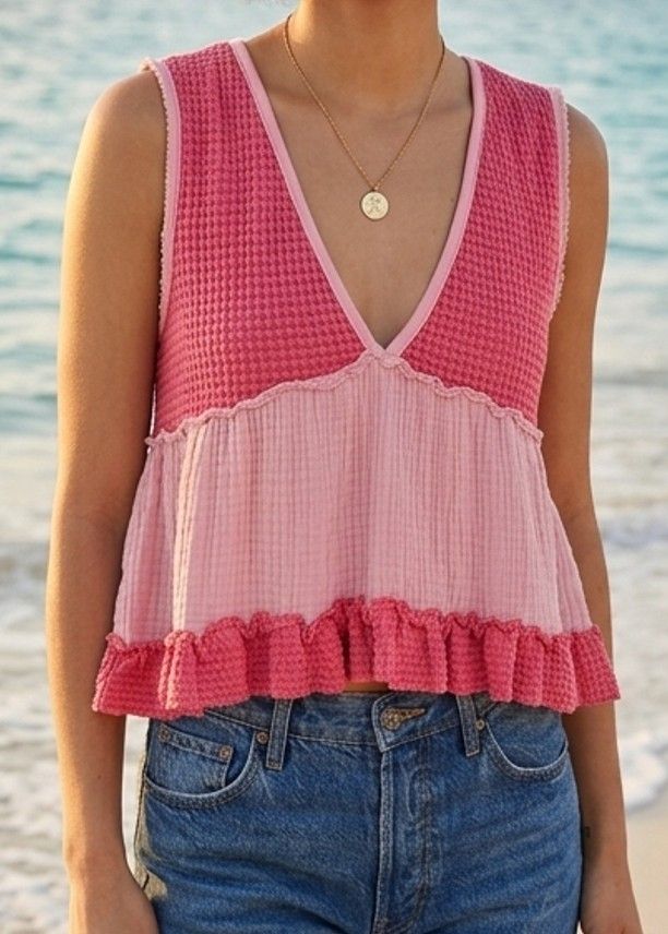 Thermal Cropped Babydoll Tank - Pink