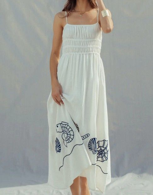 Seashell Embroidered Linen Dress