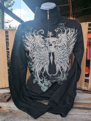 Skull with Wings Rhinestone Long Sleeve Shirt