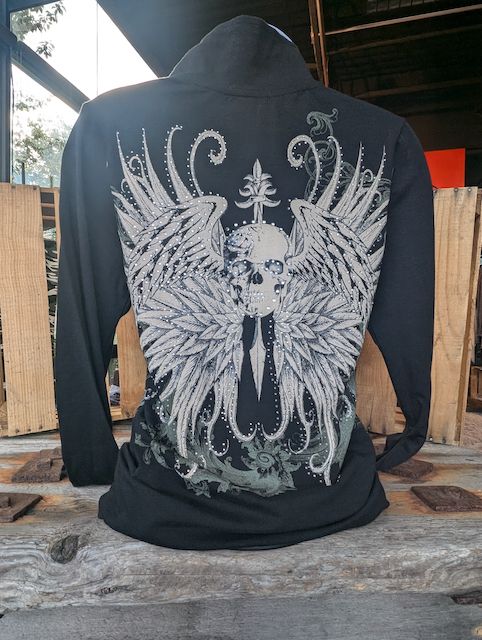 Skull with Wings Rhinestone Long Sleeve Shirt