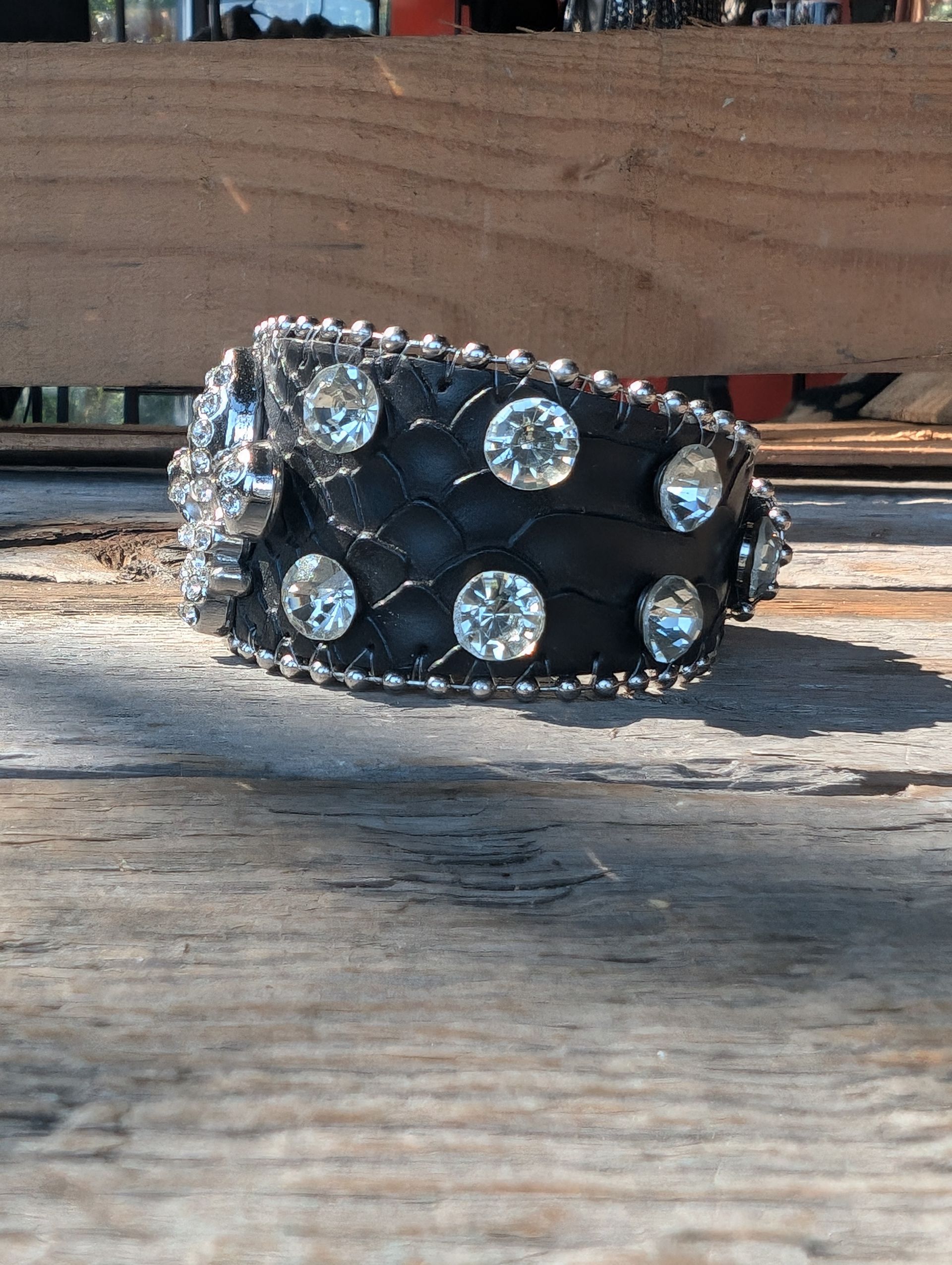 Genuine Leather Black Fleur de Lis Crystal Cuff Bracelet