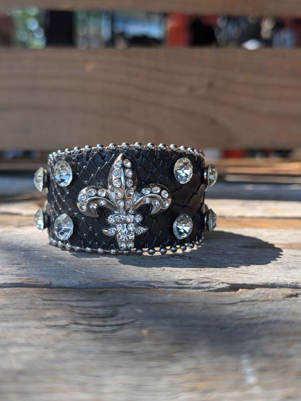 Genuine Leather Black Fleur de Lis Crystal Cuff Bracelet