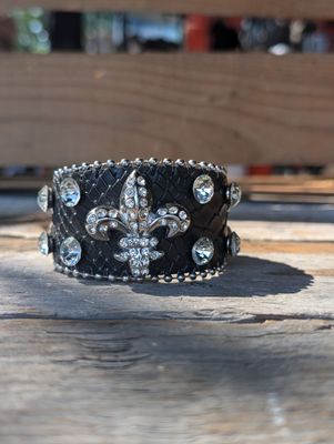 Genuine Leather Black Fleur de Lis Crystal Cuff Bracelet