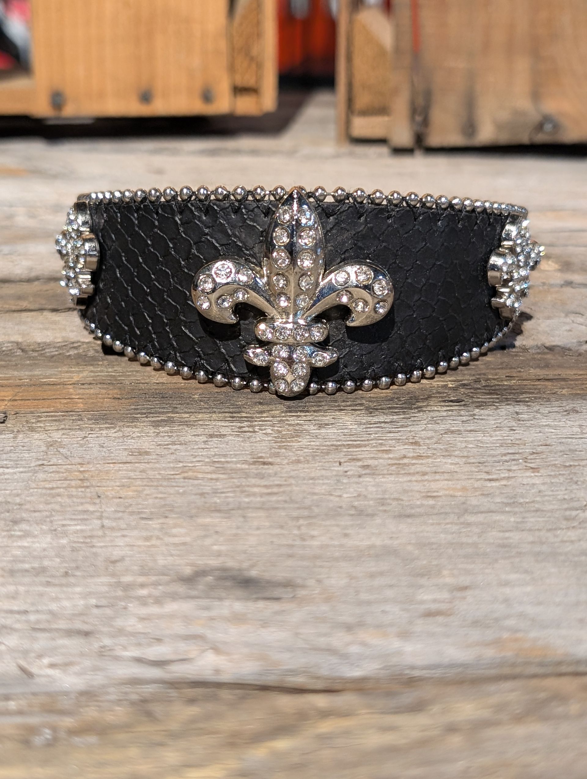 Genuine Leather Black Fleur de Lis Cuff Bracelet