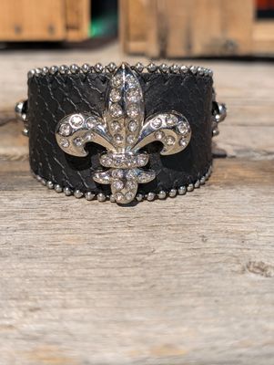 Genuine Leather Black Fleur de Lis Cuff Bracelet