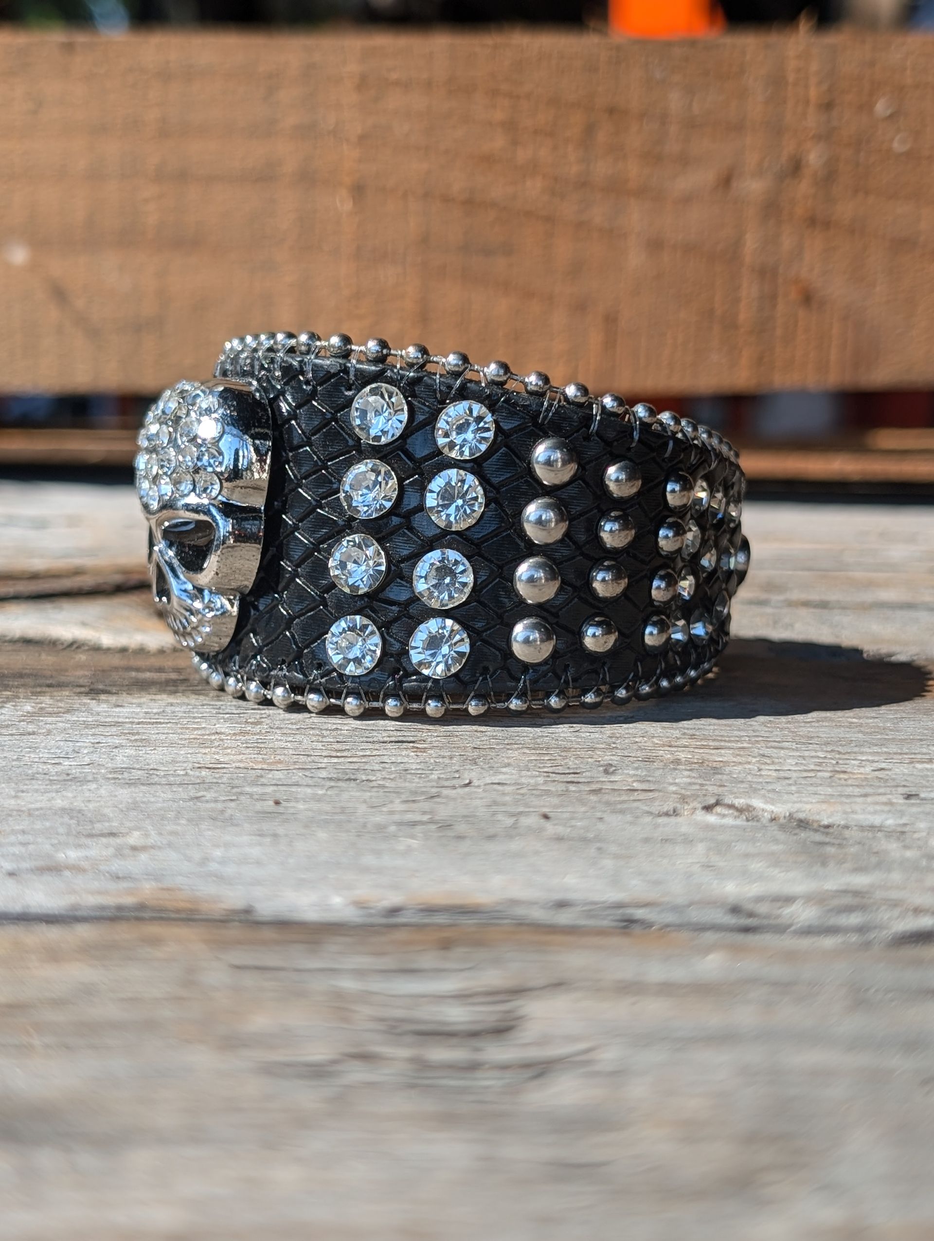 Genuine Leather Skull Crystal Cuff Bracelet