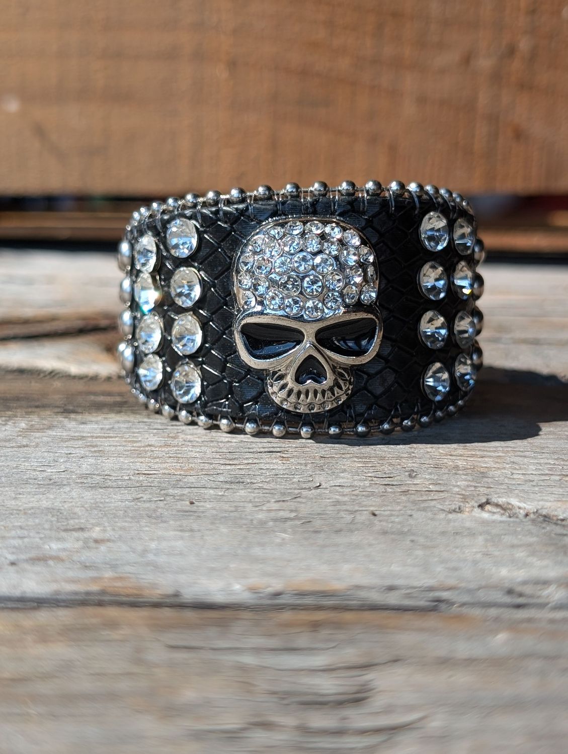 Genuine Leather Skull Crystal Cuff Bracelet