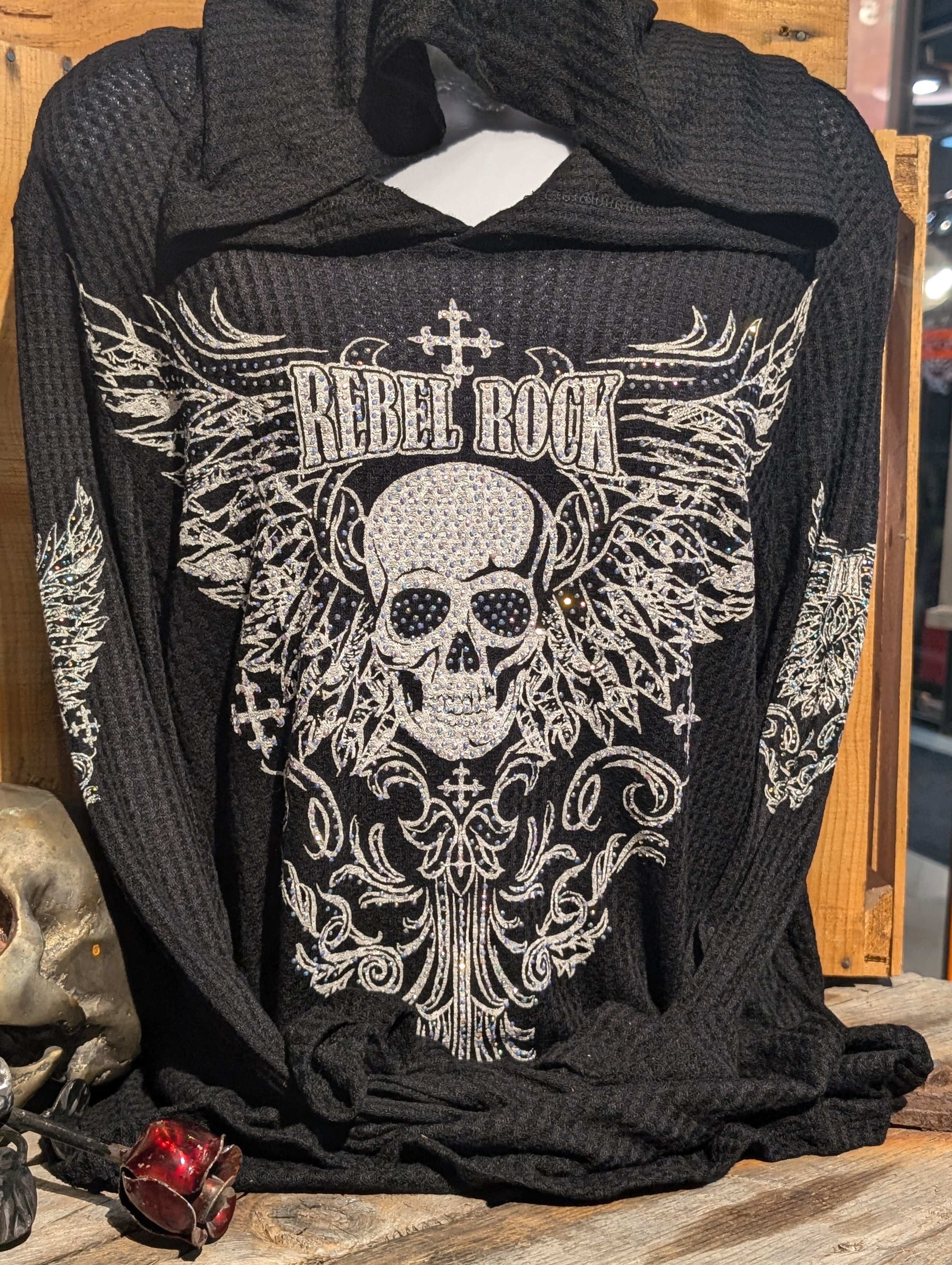 Black Skull with Wings Lightweight Hoodie