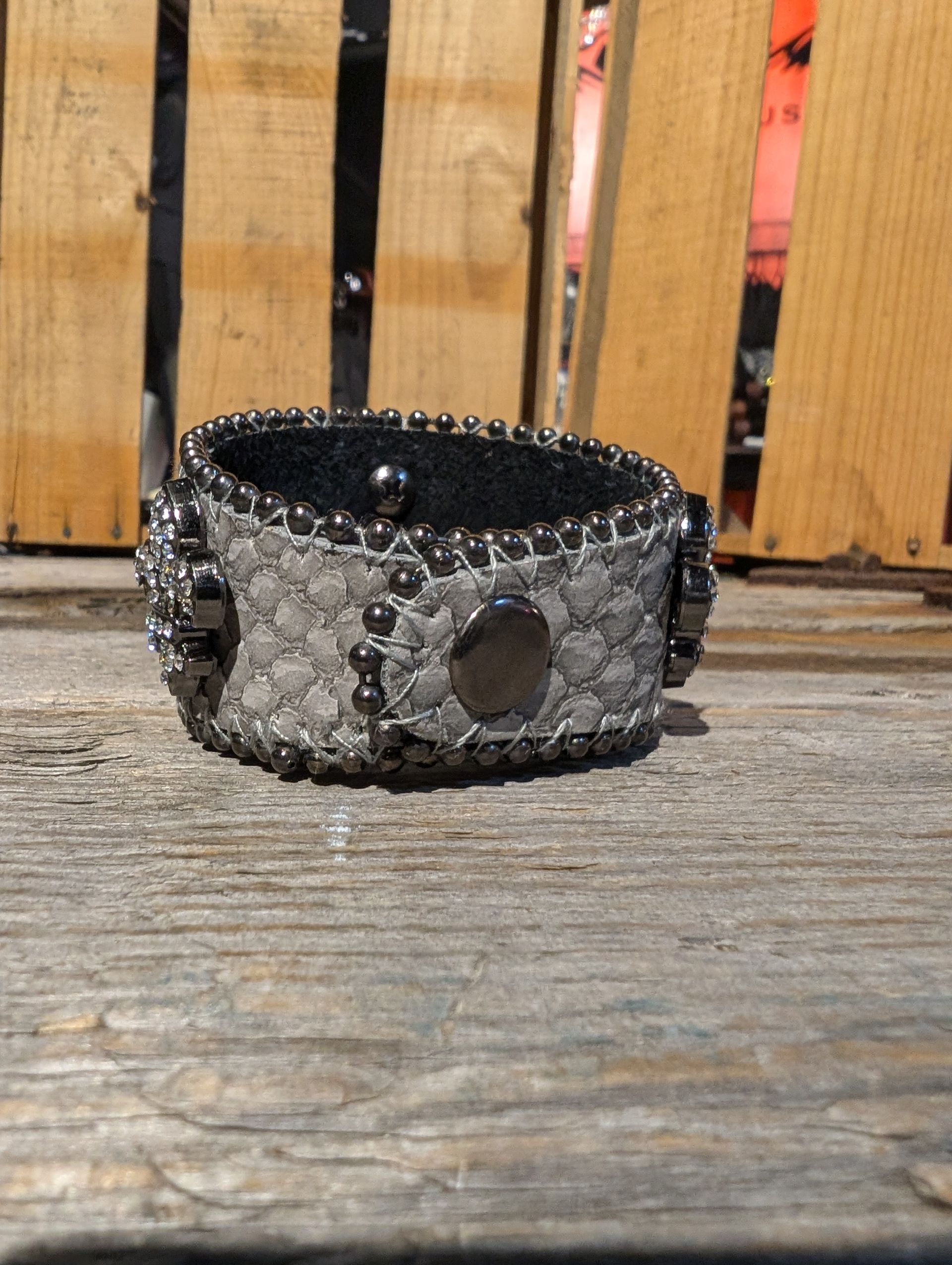 Genuine Leather Grey Fleur de Lis Cuff Bracelet