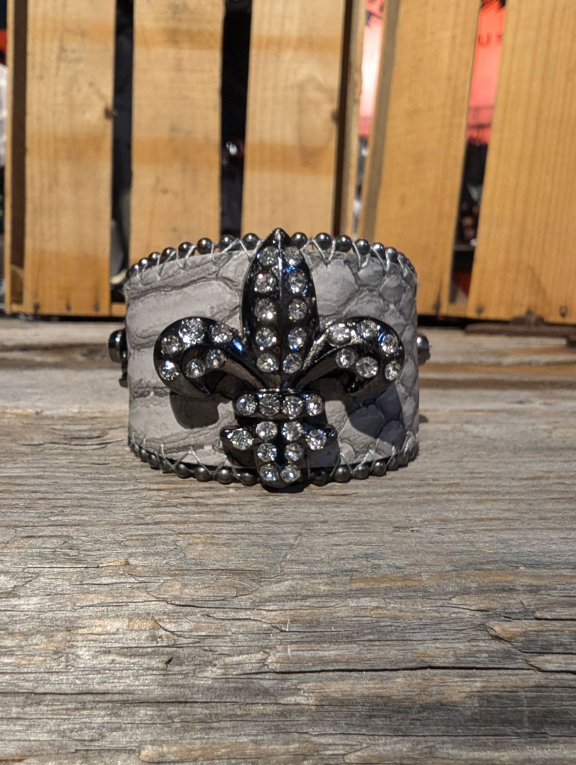 Genuine Leather Grey Fleur de Lis Cuff Bracelet