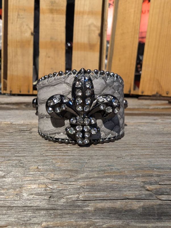 Genuine Leather Grey Fleur de Lis Cuff Bracelet