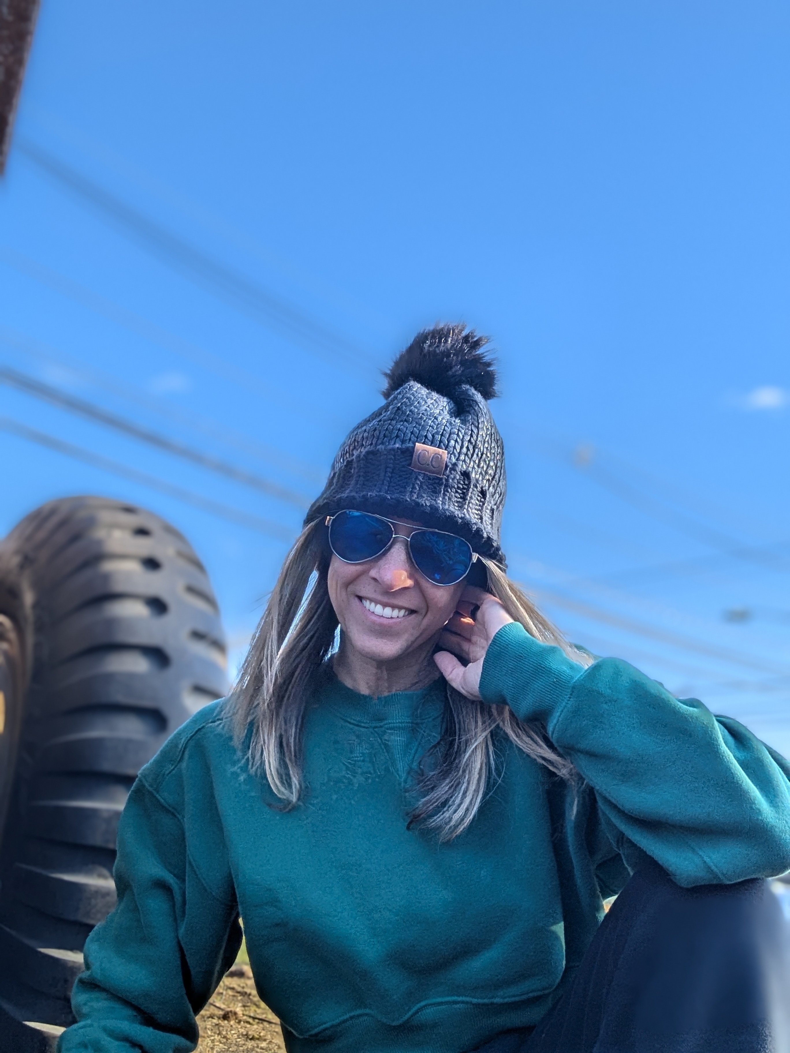 Black Foil Cuff Beanie with Faux Pom