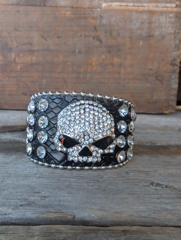 Genuine Leather Skull Crystal Cuff Bracelet