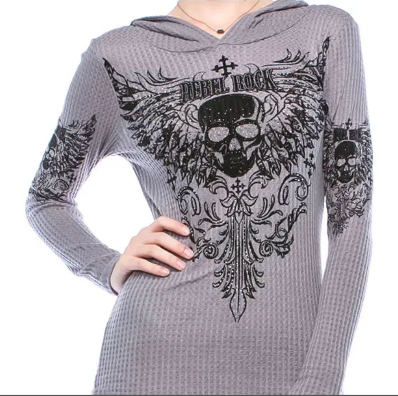 Grey Skull with Wings Lightweight Hoodie