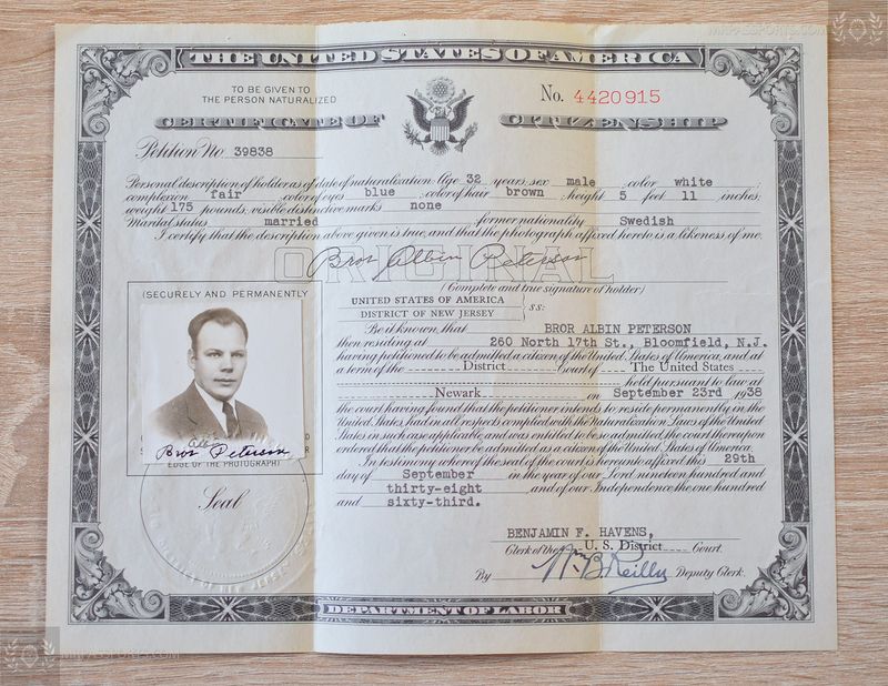 USA 1938, Certificate of citizenship