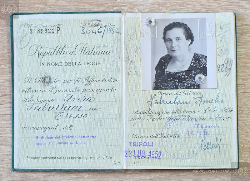 Italy 1952-1957 passport, given at Tripolis
