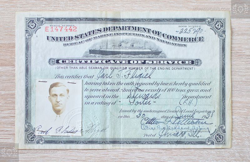 USA 1938 Certificate of Service of a Maritime