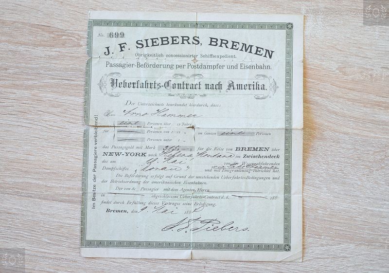 Germany 1880 crossing-contract Bremen to USA