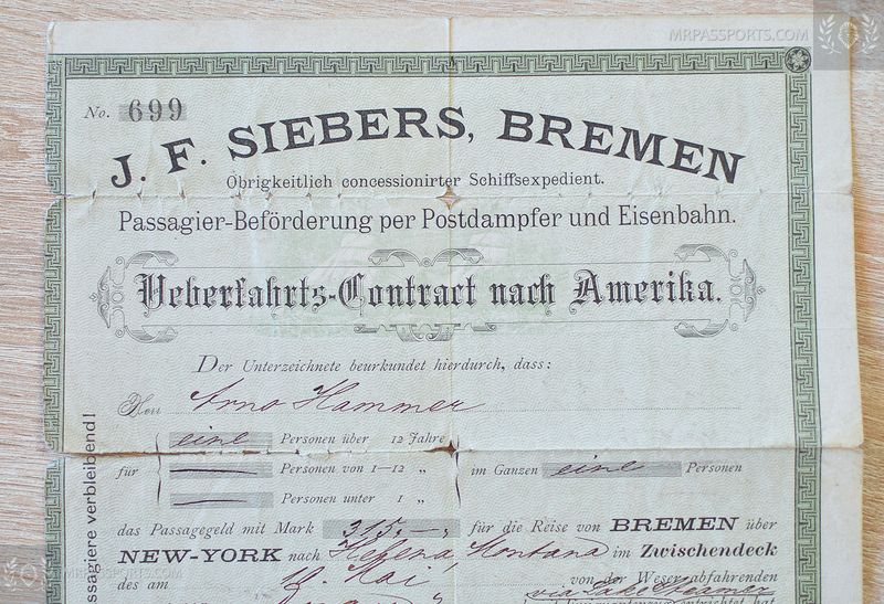 Germany 1880 crossing-contract Bremen to USA