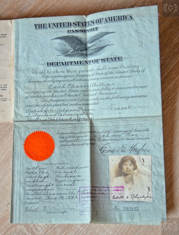 USA 1922-1923 foldable passport, travel to Europe