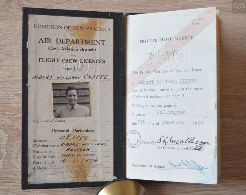 1955 New Zealand PPL for DH.82 "Tiger Moth" private pilot's licence