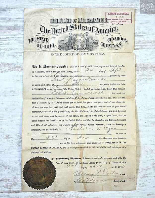 USA, 1900 Certificate of Naturalization, Ohio