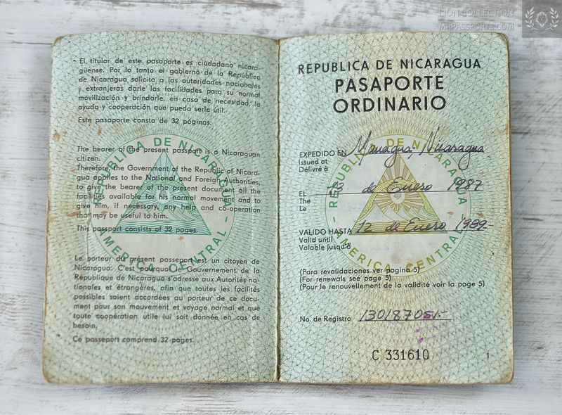 Nicaragua, 1987-1991 passport during the Nicaraguan Contra War