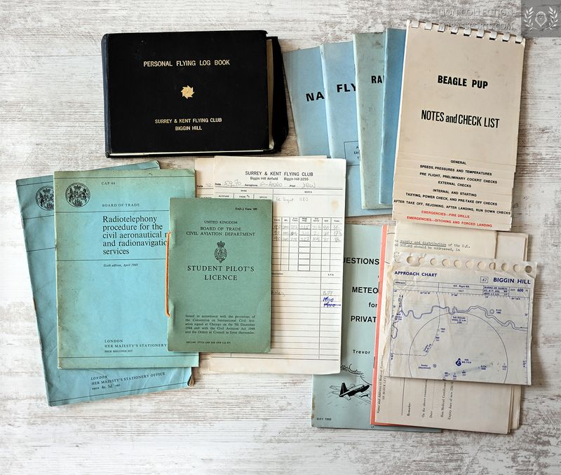 UK, 1969: Student Pilot Licence + Logbook, as well as various documents, a checklist, and brochures. All from one person