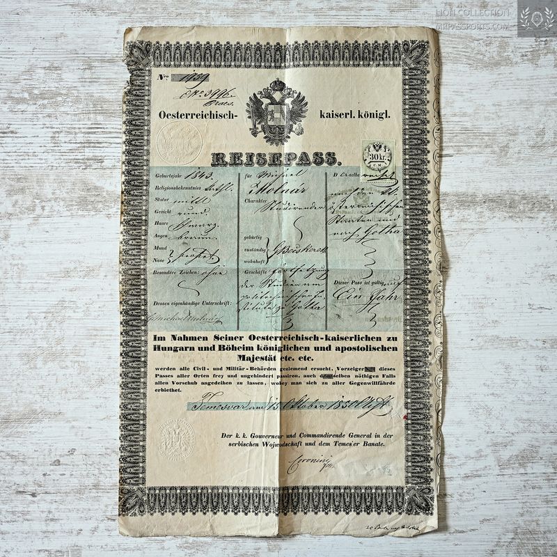 Austria-Hungary, 1850-1851 passport of a yrs old student