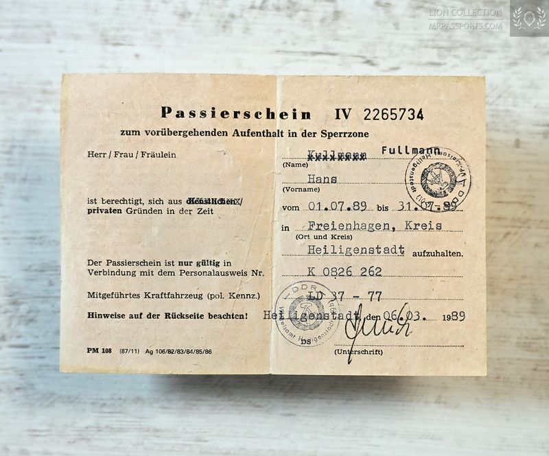 GDR (East Germany) 1989 Pass for entry into and stay within the restricted zone along the inner-German border.