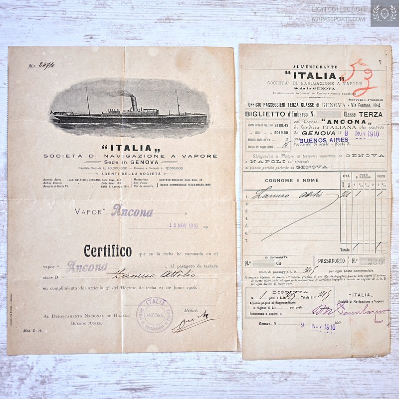 Italy, 1910 ship ticket with information, for emigration to Argentina - Genoa - Buenos Aires