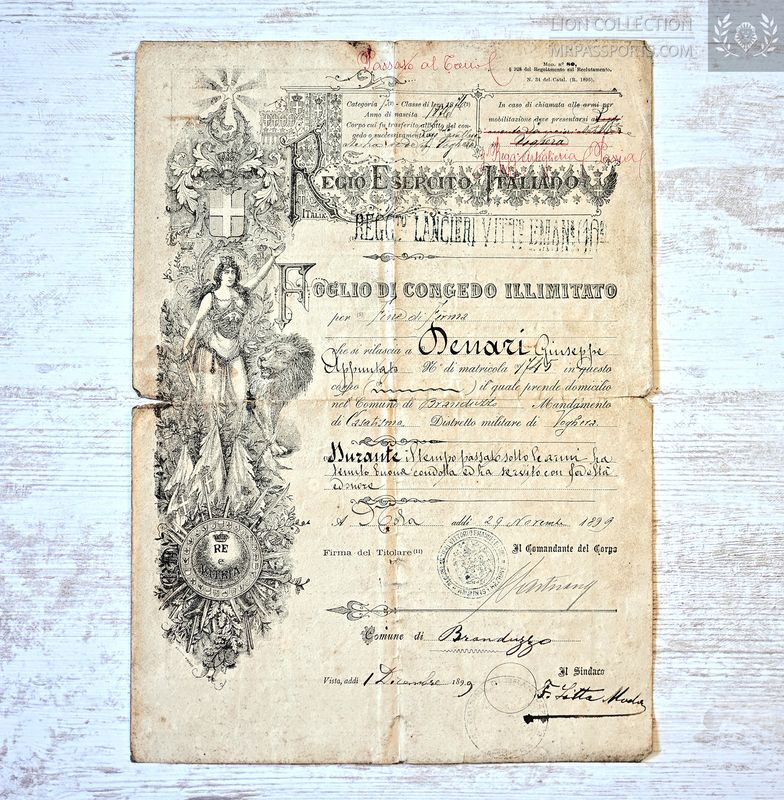Italy, 1899 Municipality of Branduzzo, ROYAL ITALIAN ARMY, Lancer Regiment - unlimited leave discharge certificate
