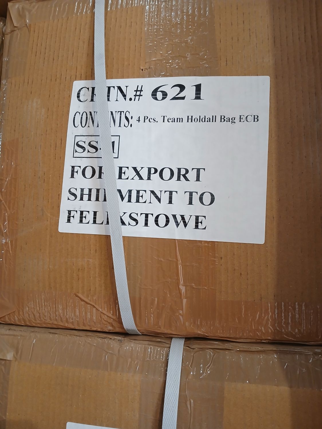 16 pallets of 4 team holdall in boxes ( top & middle of bay 10&11)