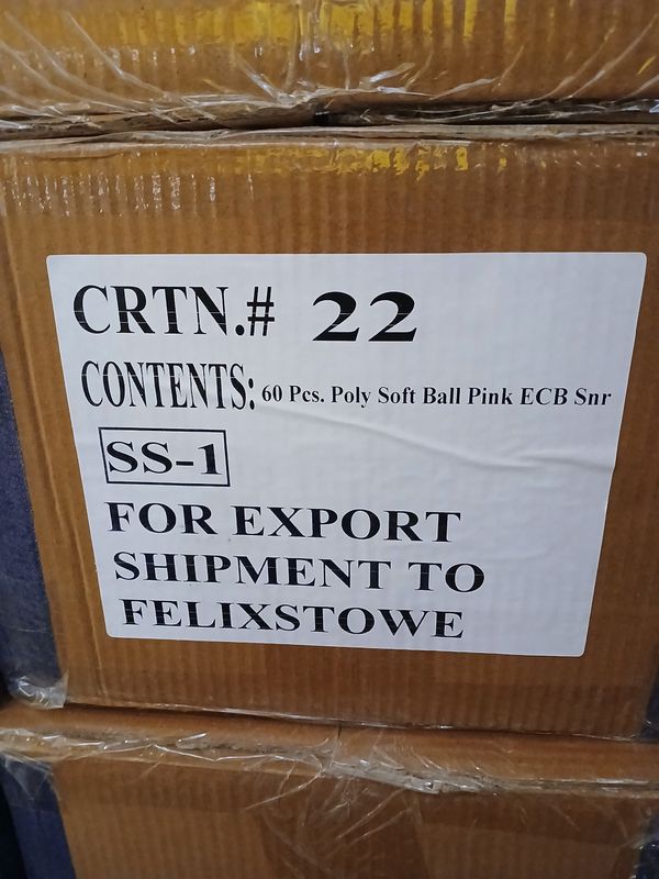 6 pallets of Boxes of 60s poly soft pink balls