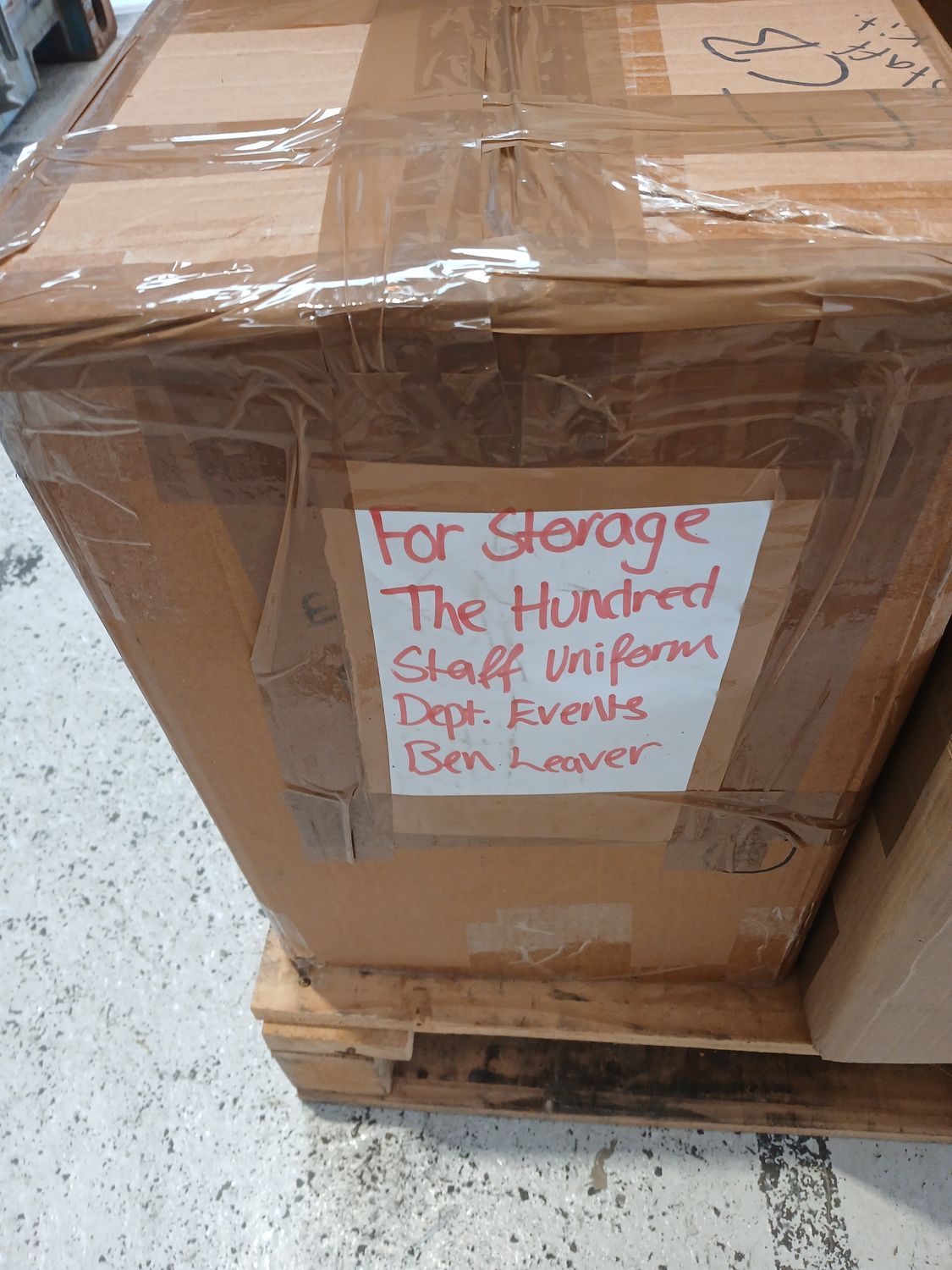 1 pallet of staff uniforms 6 boxes ( top of bay 17)