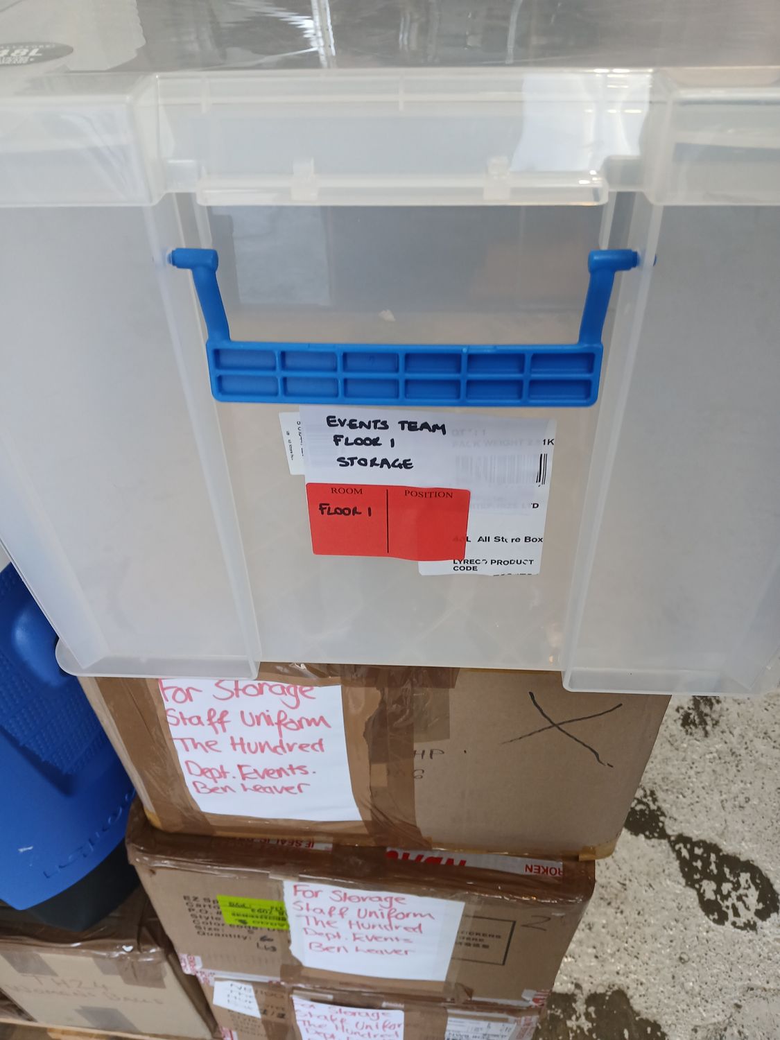 1 pallet of storage containers 4 boxes (top of bay 17)