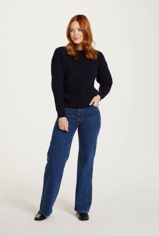 Inisheer Traditional Ladies Aran Sweater, Navy