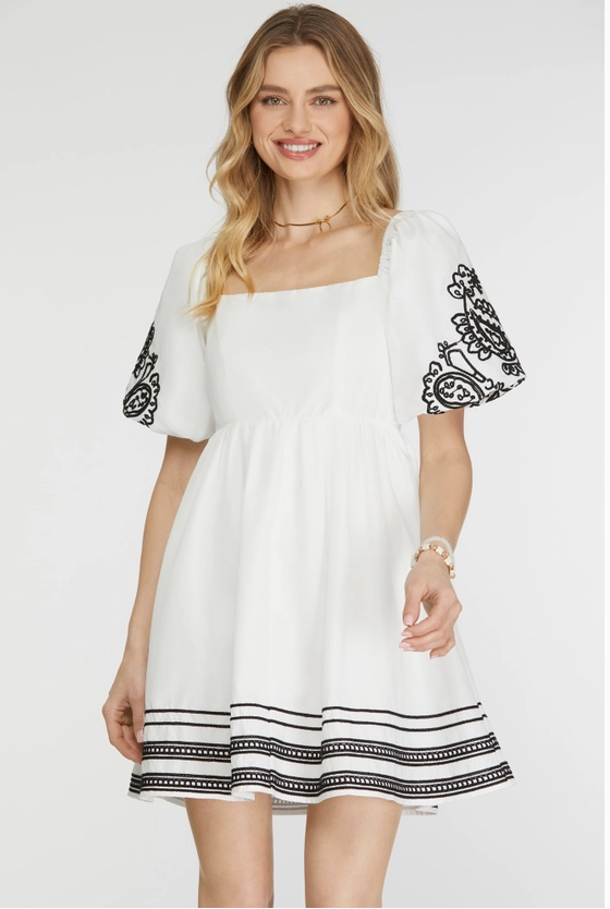 Puff Slv Heavy Emb Square Neck Mini Dress, Off White