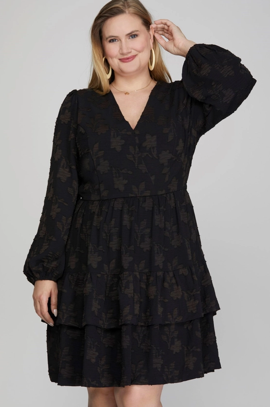 Long Sleeve Woven Floral Dress, Black