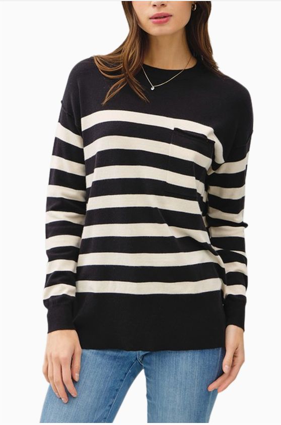 Lighweight Oversized Striped Basic Sweater, BLK