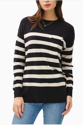 Lighweight Oversized Striped Basic Sweater, BLK