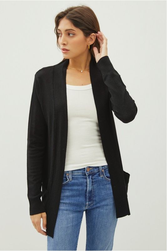 Cotton Blend Knit Open Front Cardigan, Black