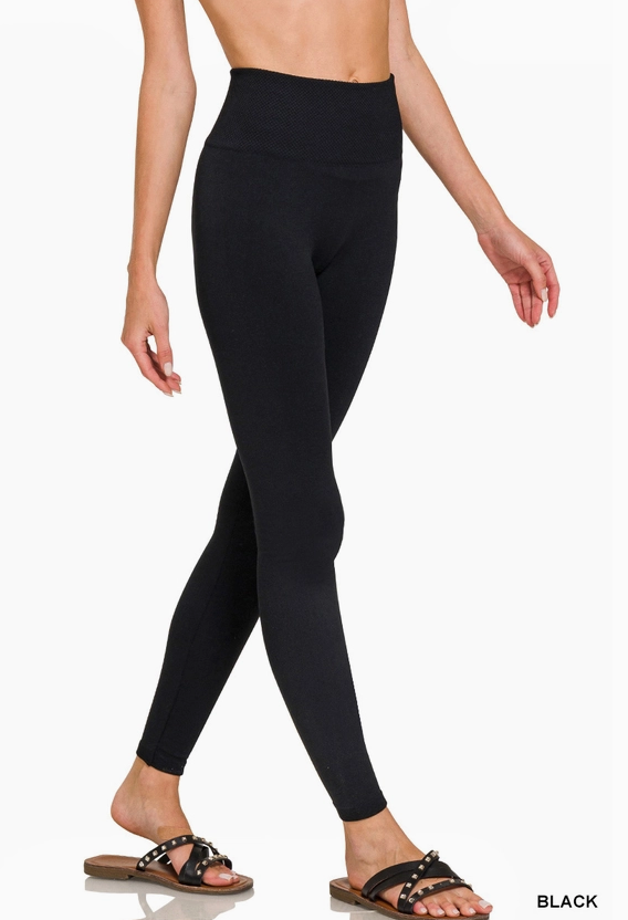 High Waist Diamond Shape Band Fleece Leggings, Black