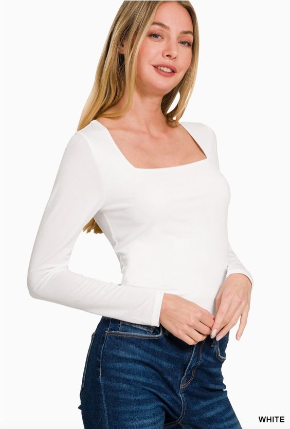 Square Neck Fitted Long Sleeve Tee, Wht