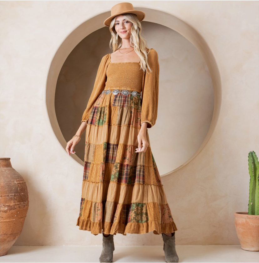 Rustic Smocked Patchwork Maxi Dress