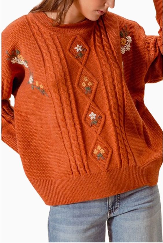 Embroidered Flower Cable Knitted Sweater, BRK