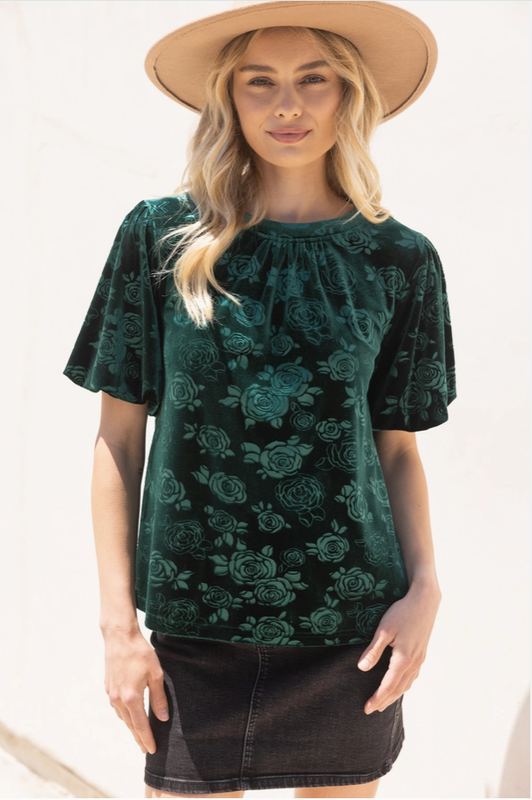 Rose Textured Puff Sleeve Velvet Top , Green