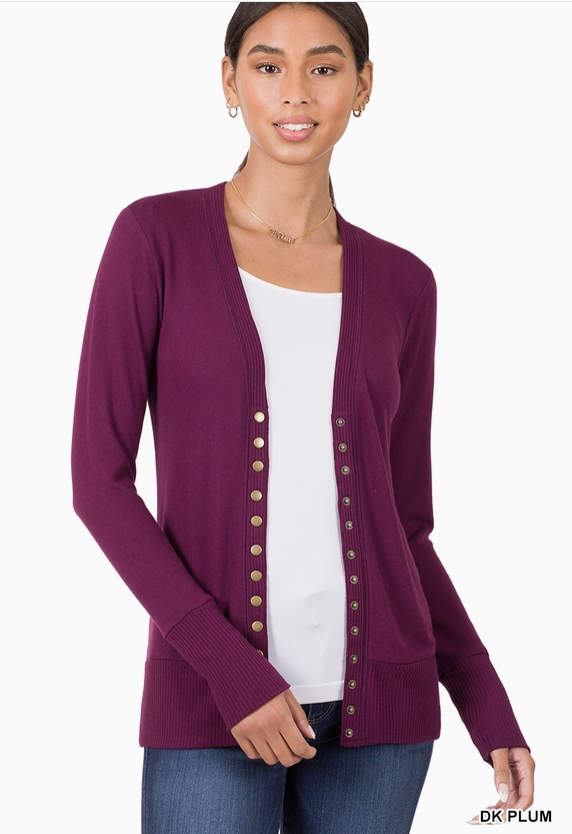 Snap Button Sweater Cardigan, Dk Plum