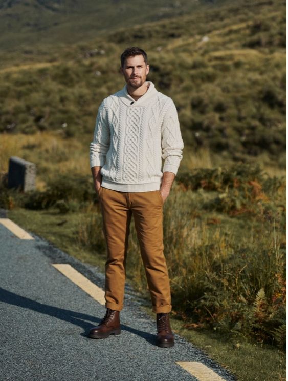Pontoon Mens Shawl Neck Aran Sweater, Cream